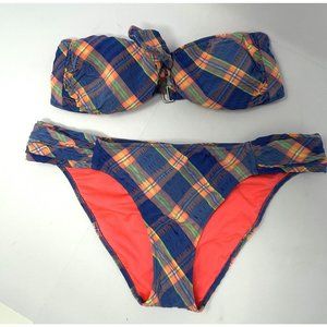 Victoria's Secret Womens S/M Bikini Set Plaid Blue Pink Top S Bottom M Swimsuit